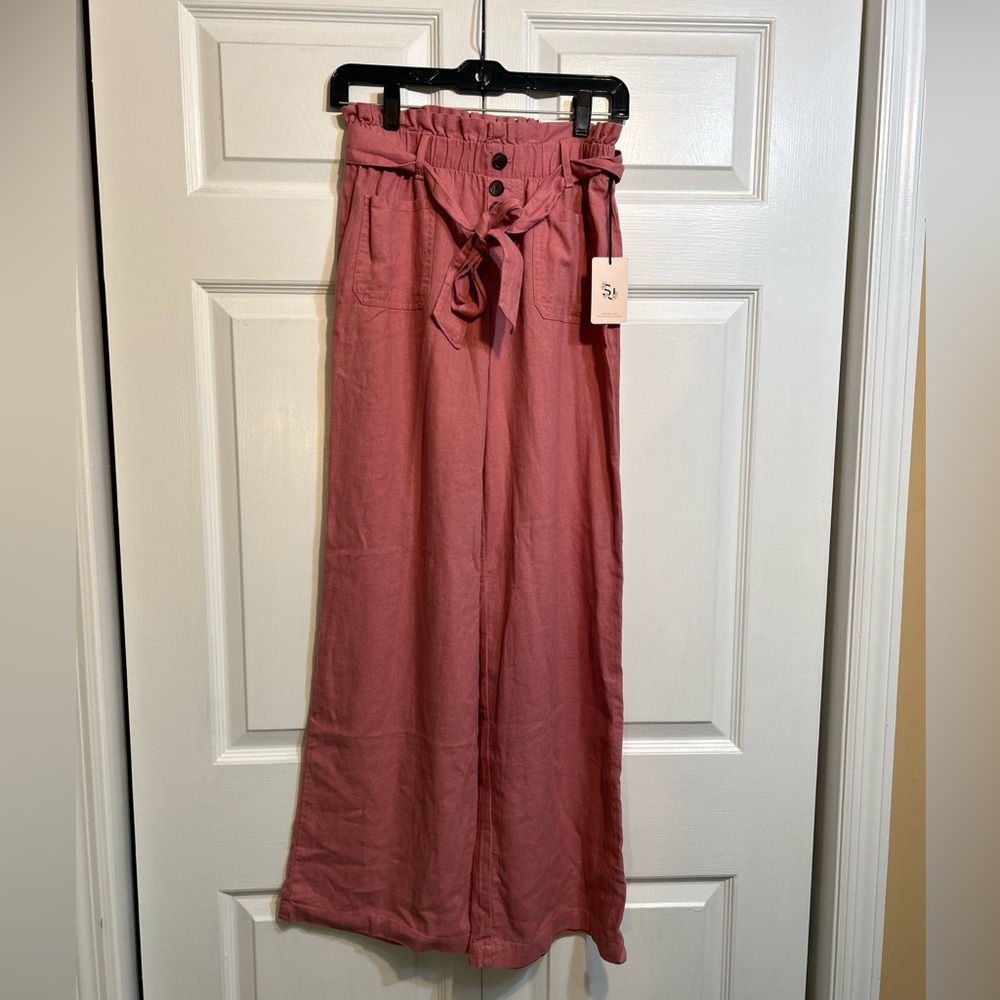 NWT Sincerely Jules Size S Small Belted Wide Leg Linen Blend Pants Dusty Rose